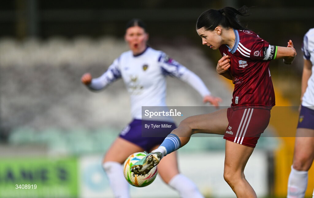 28 March 2026; Aoibheann Costello of Galway United shoots on goal during the SSE Airtricity Women's Premier Division match between Galway United and Wexford at Eamonn Deacy Park in Galway. Photo by Tyler Miller/Sportsfile