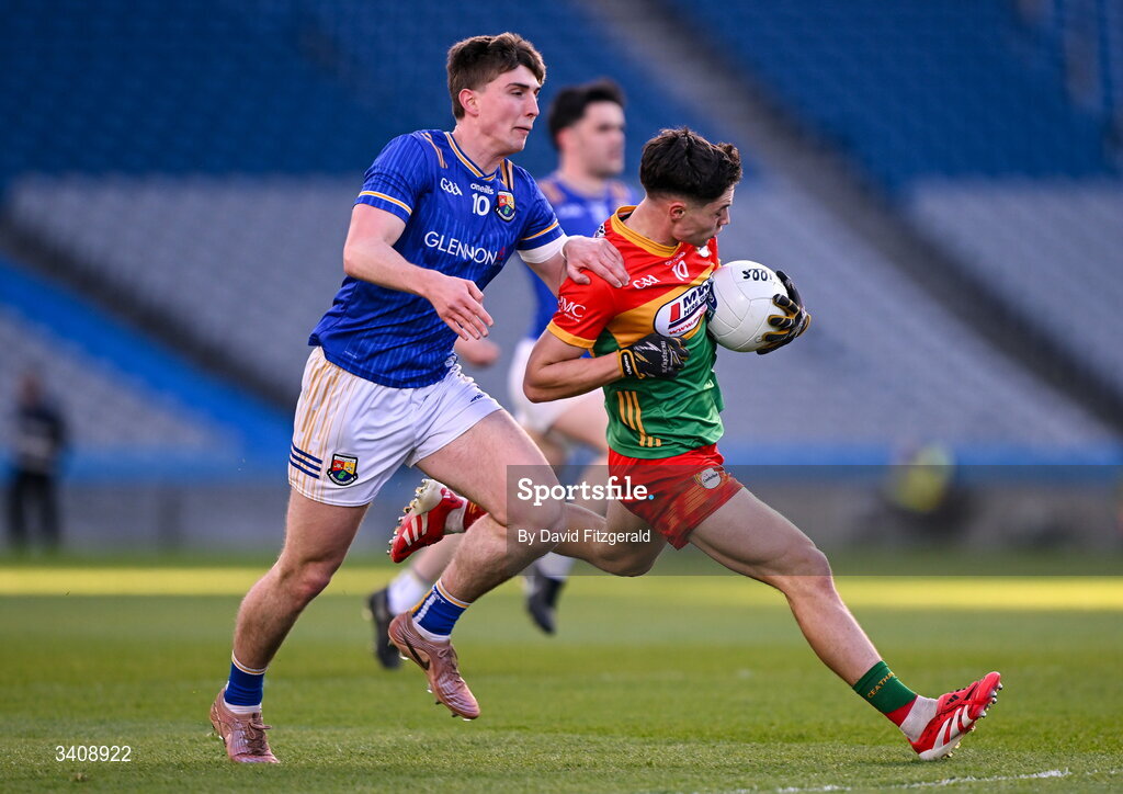 28 March 2026; Paddy McDonnell of Carlow in action against James Moran of Longford during the Allianz Football League Division 4 final match between Carlow and Longford at Croke Park in Dublin. Photo by David Fitzgerald/Sportsfile