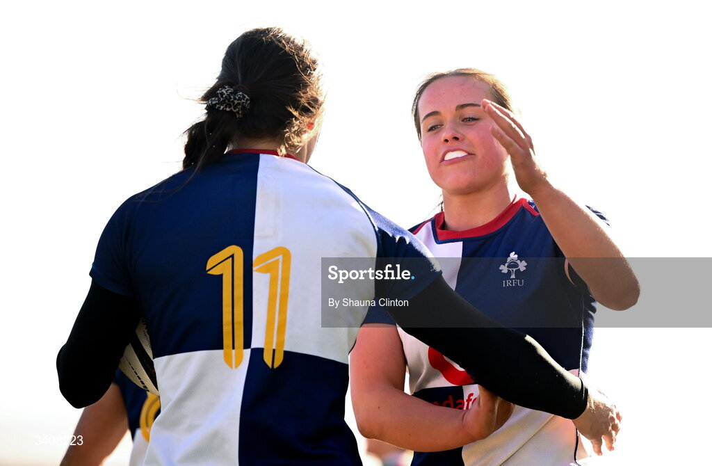 28 March 2026; Vicky Elmes Kinlan of Wolfhounds, left, is congratulated by team-mate Robyn O'Connor after scoring a try during the Celtic Challenge final match between Wolfhounds and Clovers at The Hive Stadium in Edinburgh, Scotland. Photo by Shauna Clinton/Sportsfile