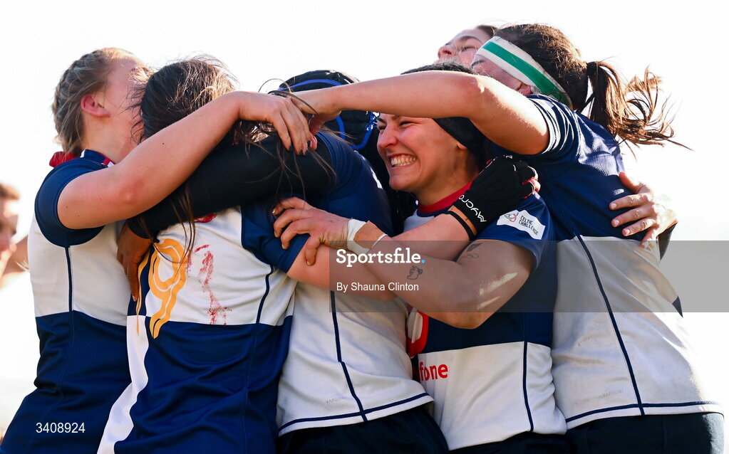 28 March 2026; Maeve Óg O'Leary of Wolfhounds, centre, is congratulated by team-mates after scoring a try during the Celtic Challenge final match between Wolfhounds and Clovers at The Hive Stadium in Edinburgh, Scotland. Photo by Shauna Clinton/Sportsfile