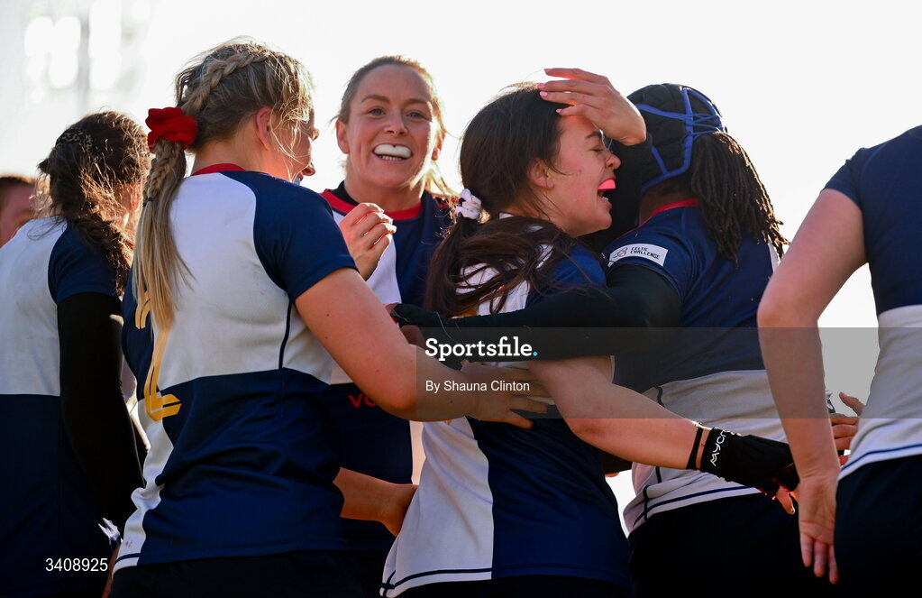 28 March 2026; Maeve Óg O'Leary of Wolfhounds, centre, is congratulated by team-mates after scoring a try during the Celtic Challenge final match between Wolfhounds and Clovers at The Hive Stadium in Edinburgh, Scotland. Photo by Shauna Clinton/Sportsfile