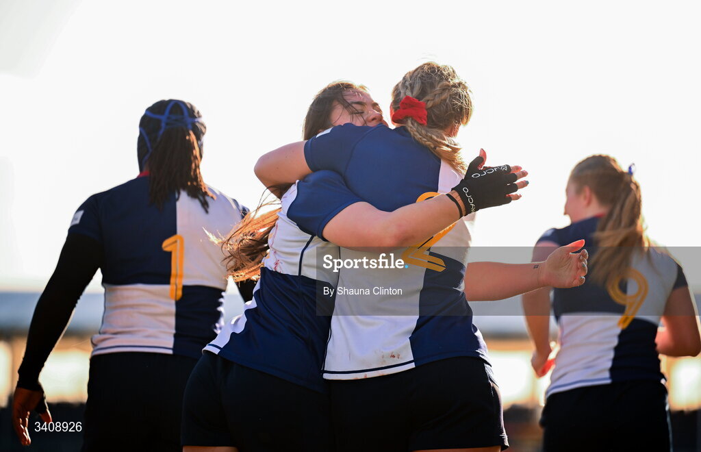 28 March 2026; Maeve Óg O'Leary of Wolfhounds, centre, is congratulated by team-mates after scoring a try during the Celtic Challenge final match between Wolfhounds and Clovers at The Hive Stadium in Edinburgh, Scotland. Photo by Shauna Clinton/Sportsfile