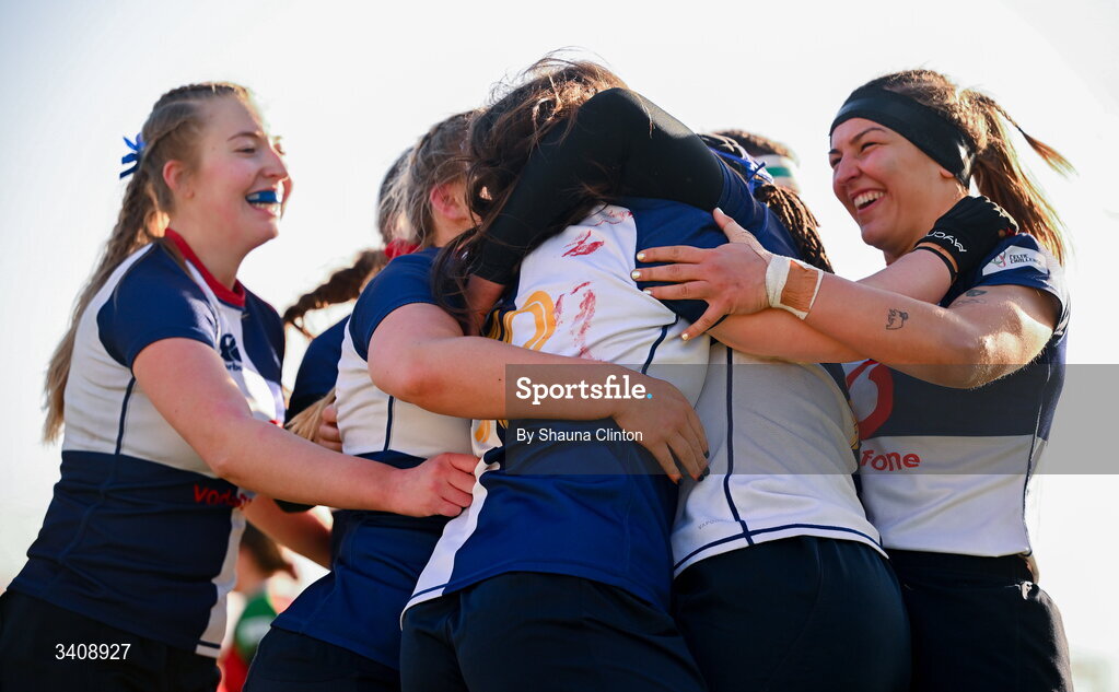 28 March 2026; Maeve Óg O'Leary of Wolfhounds, centre, is congratulated by team-mates after scoring a try during the Celtic Challenge final match between Wolfhounds and Clovers at The Hive Stadium in Edinburgh, Scotland. Photo by Shauna Clinton/Sportsfile
