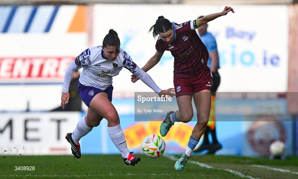 28 March 2026; Aoibheann Costello of Galway United in action against Roisin Joyce of Wexford during the SSE Airtricity Women's Premier Division match between Galway United and Wexford at Eamonn Deacy Park in Galway. Photo by Tyler Miller/Sportsfile