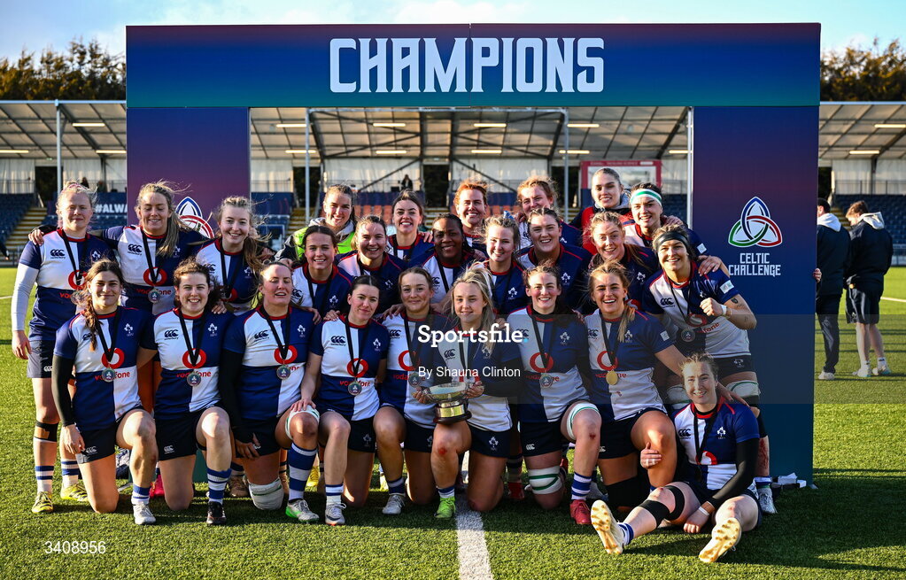 28 March 2026; Wolfhounds players after their side's victory in the Celtic Challenge final match between Wolfhounds and Clovers at The Hive Stadium in Edinburgh, Scotland. Photo by Shauna Clinton/Sportsfile