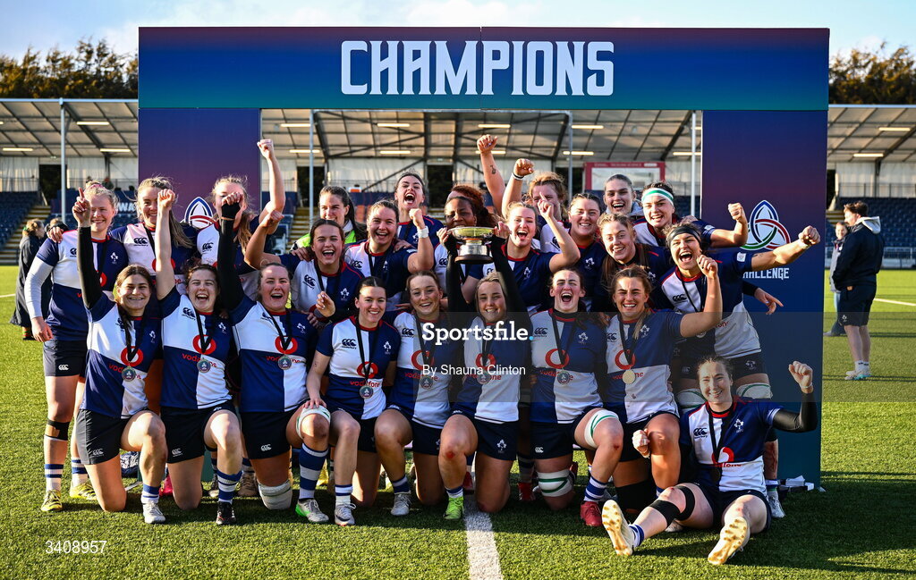 28 March 2026; Wolfhounds players after their side's victory in the Celtic Challenge final match between Wolfhounds and Clovers at The Hive Stadium in Edinburgh, Scotland. Photo by Shauna Clinton/Sportsfile