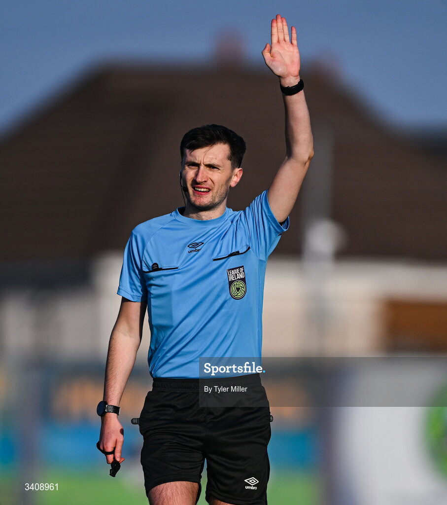28 March 2026; Referee Ryan Maher during the SSE Airtricity Women's Premier Division match between Galway United and Wexford at Eamonn Deacy Park in Galway. Photo by Tyler Miller/Sportsfile