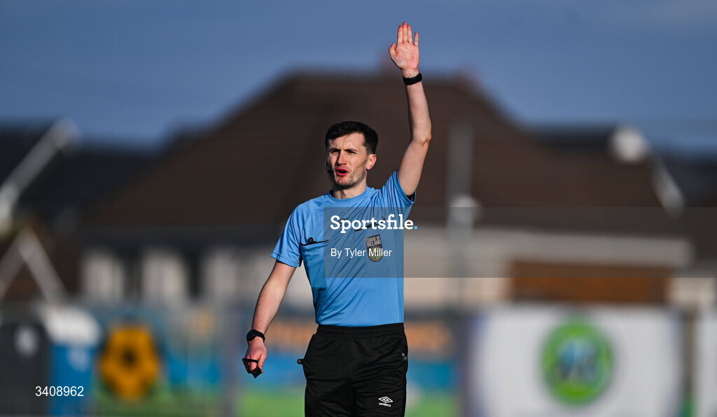 28 March 2026; Referee Ryan Maher during the SSE Airtricity Women's Premier Division match between Galway United and Wexford at Eamonn Deacy Park in Galway. Photo by Tyler Miller/Sportsfile