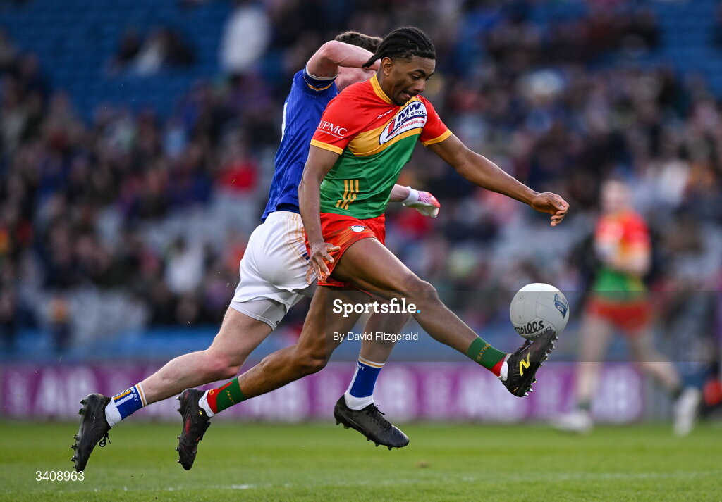 28 March 2026; John Phiri of Carlow in action against Ronan Sweeney of Longford during the Allianz Football League Division 4 final match between Carlow and Longford at Croke Park in Dublin. Photo by David Fitzgerald/Sportsfile