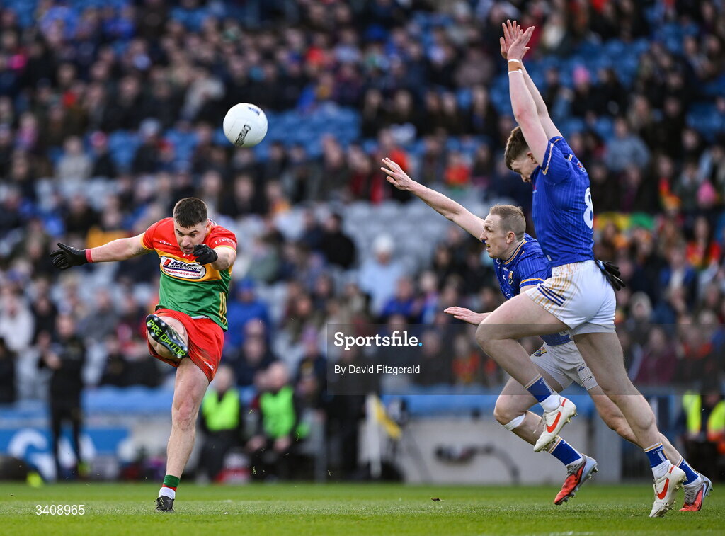 28 March 2026; Colm Hulton of Carlow kicks a point during the Allianz Football League Division 4 final match between Carlow and Longford at Croke Park in Dublin. Photo by David Fitzgerald/Sportsfile