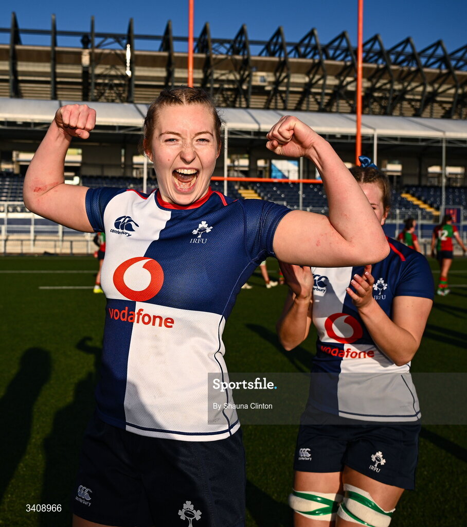 28 March 2026; Alex Connor of Wolfhounds celebrates after her side's victory in the Celtic Challenge final match between Wolfhounds and Clovers at The Hive Stadium in Edinburgh, Scotland. Photo by Shauna Clinton/Sportsfile
