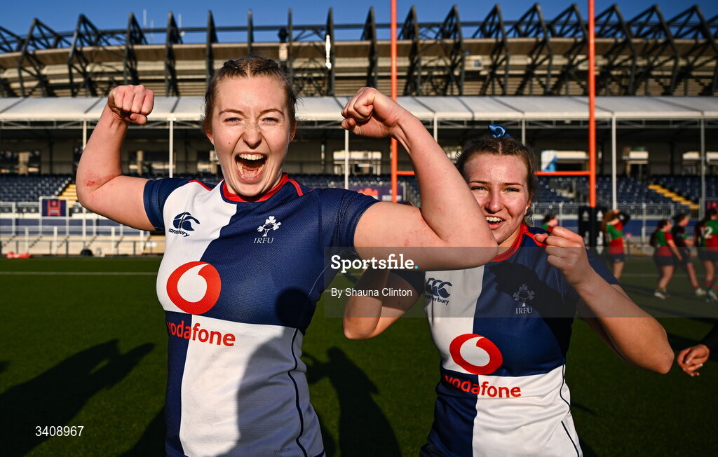 28 March 2026; Alex Connor of Wolfhounds celebrates after her side's victory in the Celtic Challenge final match between Wolfhounds and Clovers at The Hive Stadium in Edinburgh, Scotland. Photo by Shauna Clinton/Sportsfile