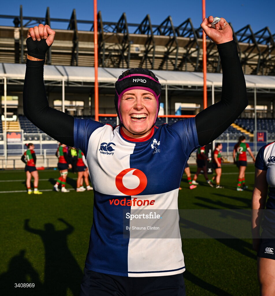 28 March 2026; Fiona Tuite of Wolfhounds celebrates after her side's victory in the Celtic Challenge final match between Wolfhounds and Clovers at The Hive Stadium in Edinburgh, Scotland. Photo by Shauna Clinton/Sportsfile