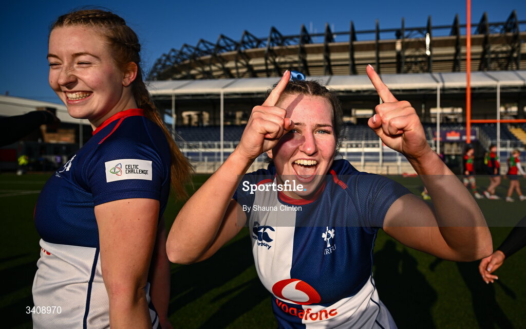28 March 2026; Aoife Corcoran of Wolfhounds celebrates after her side's victory in the Celtic Challenge final match between Wolfhounds and Clovers at The Hive Stadium in Edinburgh, Scotland. Photo by Shauna Clinton/Sportsfile