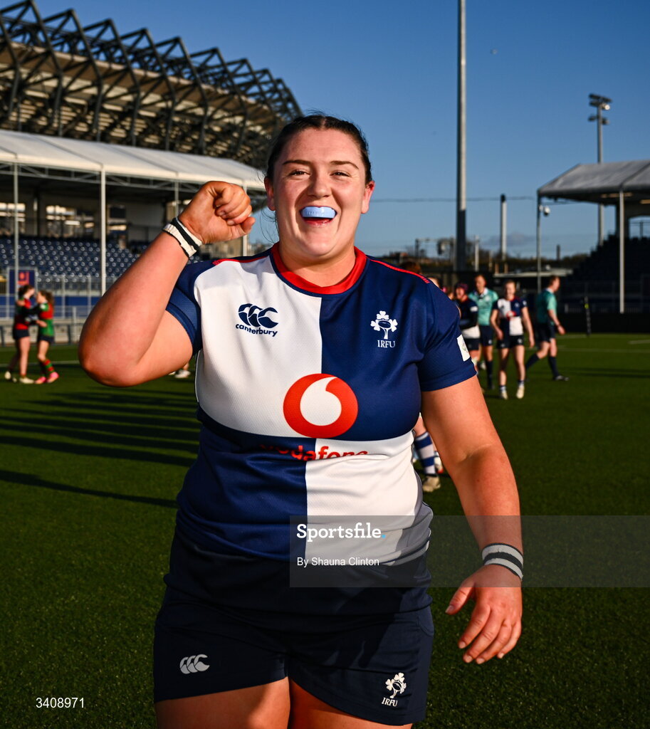 28 March 2026; Hannah Wilson of Wolfhounds celebrates after her side's victory in the Celtic Challenge final match between Wolfhounds and Clovers at The Hive Stadium in Edinburgh, Scotland. Photo by Shauna Clinton/Sportsfile