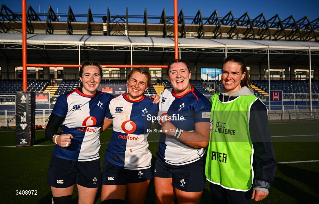 28 March 2026; Wolfhounds players celebrate after their side's victory in the Celtic Challenge final match between Wolfhounds and Clovers at The Hive Stadium in Edinburgh, Scotland. Photo by Shauna Clinton/Sportsfile