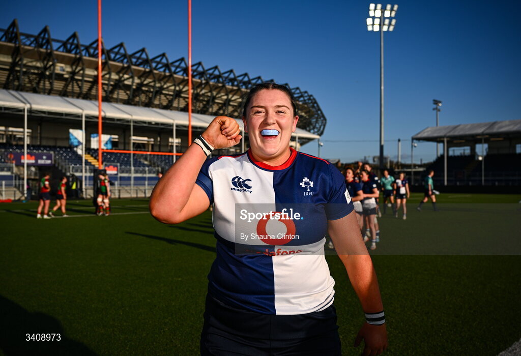 28 March 2026; Hannah Wilson of Wolfhounds celebrates after her side's victory in the Celtic Challenge final match between Wolfhounds and Clovers at The Hive Stadium in Edinburgh, Scotland. Photo by Shauna Clinton/Sportsfile