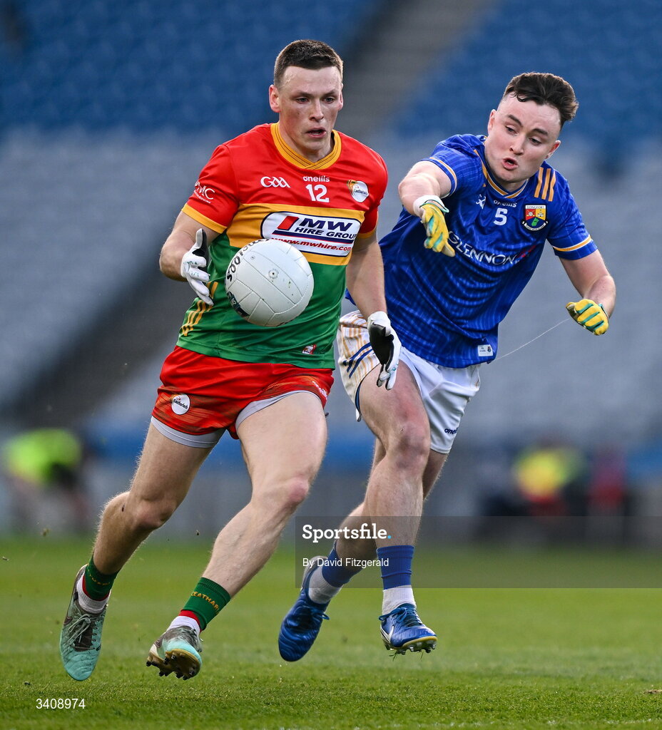 28 March 2026; Mikey Bambrick of Carlow in action against Peter Lynn of Longford during the Allianz Football League Division 4 final match between Carlow and Longford at Croke Park in Dublin. Photo by David Fitzgerald/Sportsfile