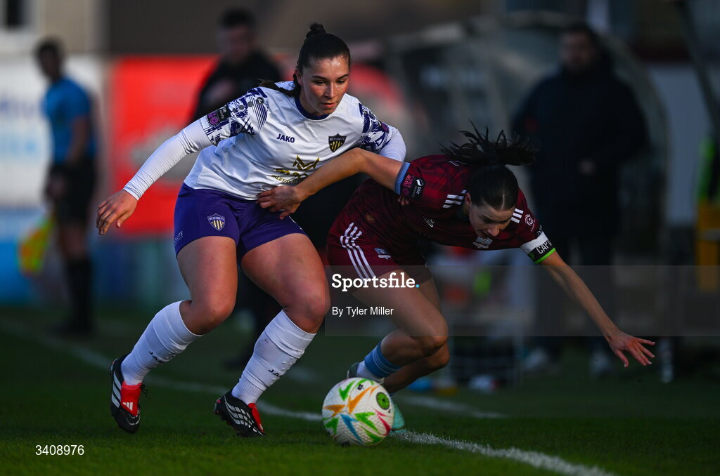 28 March 2026; Aoibheann Costello of Galway United is tackled by Roisin Joyce of Wexford during the SSE Airtricity Women's Premier Division match between Galway United and Wexford at Eamonn Deacy Park in Galway. Photo by Tyler Miller/Sportsfile