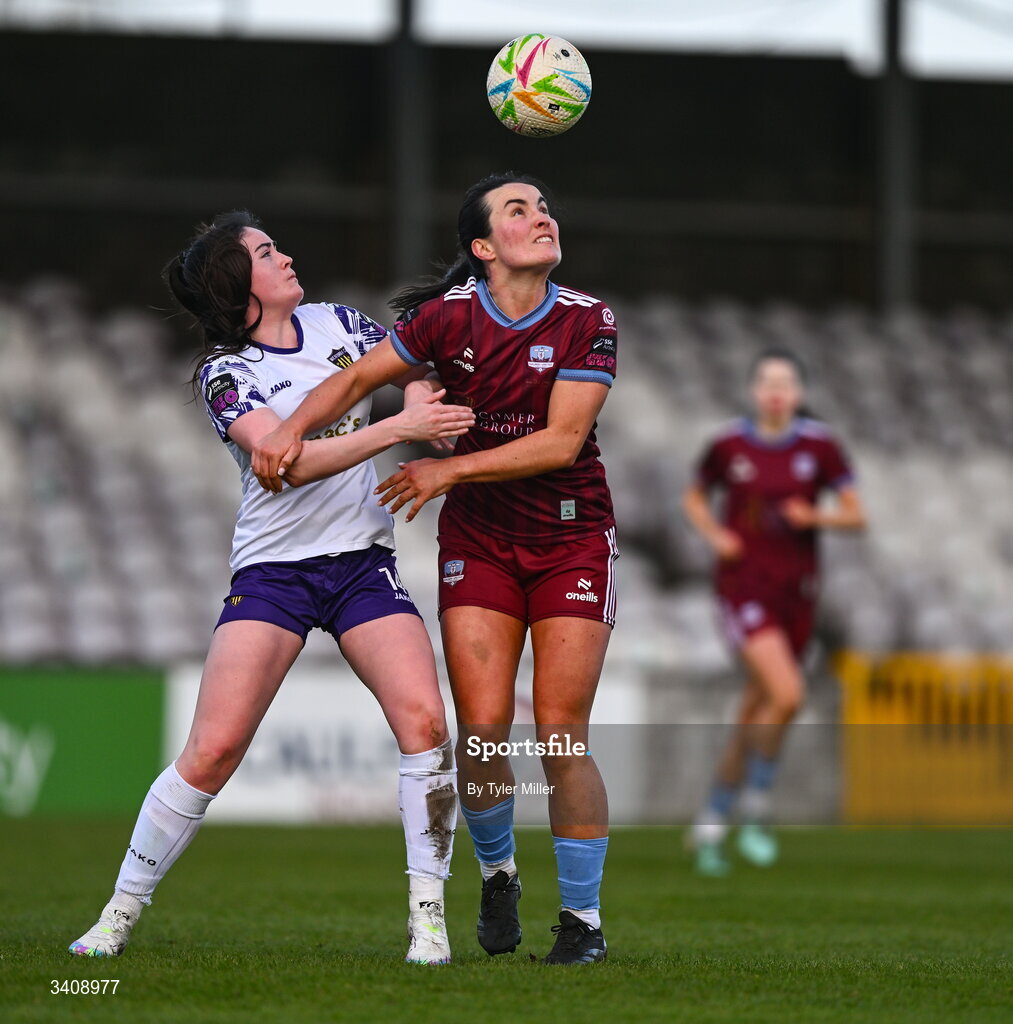 28 March 2026; Niamh Farrelly of Galway United in action against Katie McCarn of Wexford during the SSE Airtricity Women's Premier Division match between Galway United and Wexford at Eamonn Deacy Park in Galway. Photo by Tyler Miller/Sportsfile
