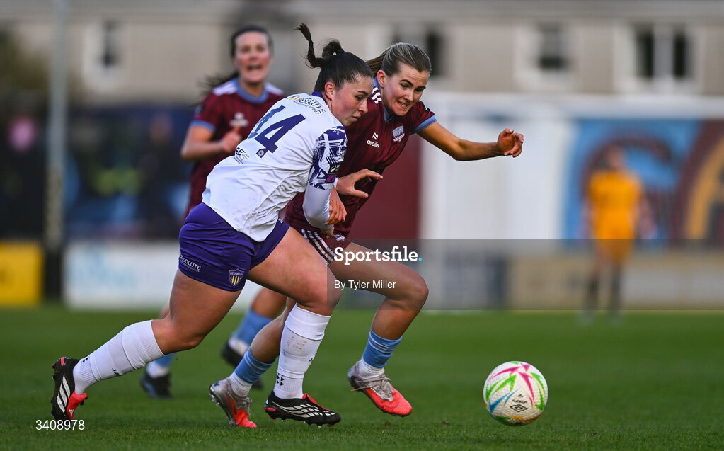 28 March 2026; Emma Doherty of Galway United in action against Roisin Joyce of Wexford during the SSE Airtricity Women's Premier Division match between Galway United and Wexford at Eamonn Deacy Park in Galway. Photo by Tyler Miller/Sportsfile
