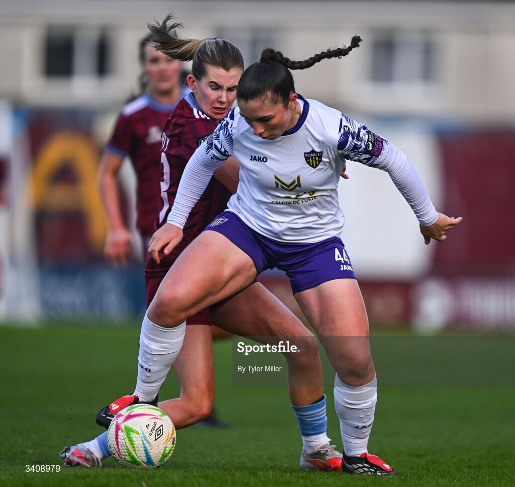 28 March 2026; Emma Doherty of Galway United in action against Roisin Joyce of Wexford during the SSE Airtricity Women's Premier Division match between Galway United and Wexford at Eamonn Deacy Park in Galway. Photo by Tyler Miller/Sportsfile