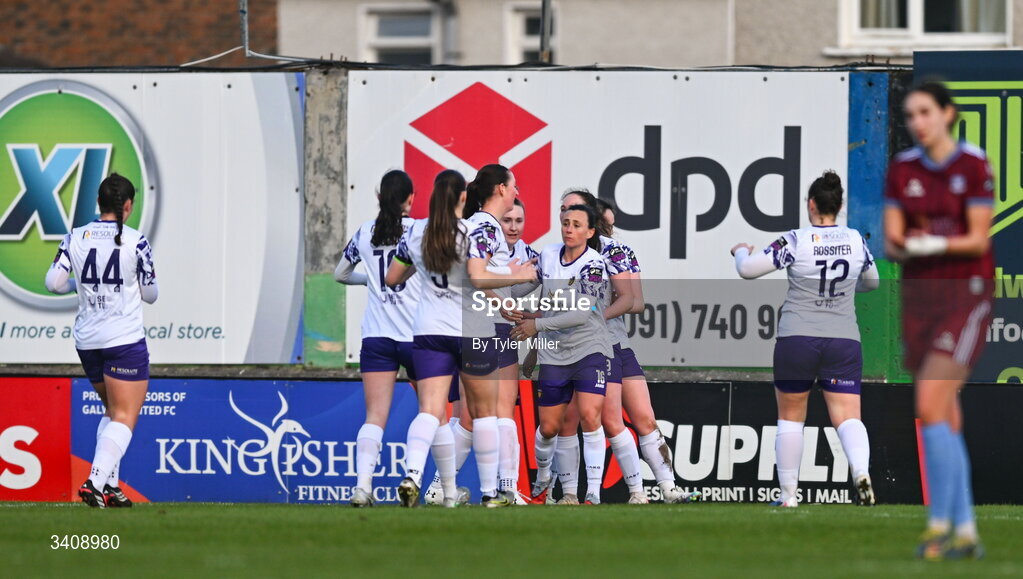 28 March 2026; Megan Smyth-Lynch of Wexford, 16, celebrates with team-mates after scoring their side's first goal during the SSE Airtricity Women's Premier Division match between Galway United and Wexford at Eamonn Deacy Park in Galway. Photo by Tyler Miller/Sportsfile