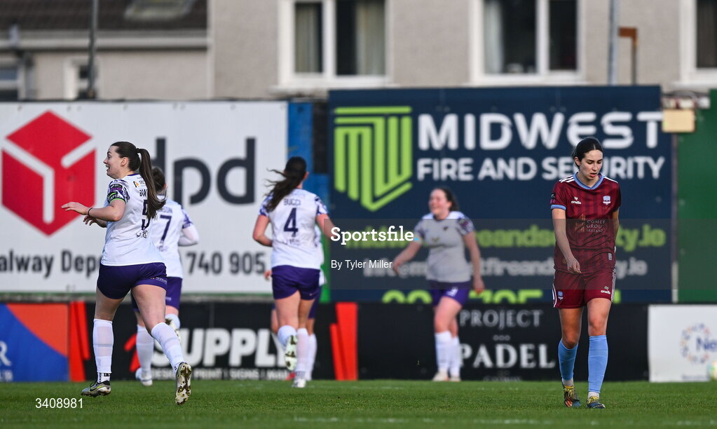 28 March 2026; Isabella Beletic of Galway United, right, reacts after her side concede a goal during the SSE Airtricity Women's Premier Division match between Galway United and Wexford at Eamonn Deacy Park in Galway. Photo by Tyler Miller/Sportsfile