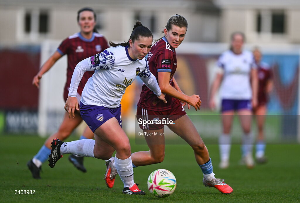 28 March 2026; Emma Doherty of Galway United in action against Roisin Joyce of Wexford during the SSE Airtricity Women's Premier Division match between Galway United and Wexford at Eamonn Deacy Park in Galway. Photo by Tyler Miller/Sportsfile