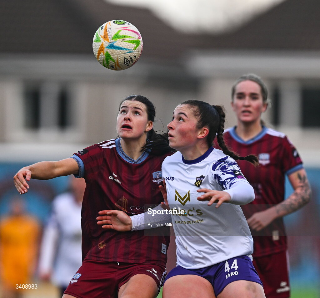 28 March 2026; Aoibheann Costello of Galway United in action against Roisin Joyce of Wexford during the SSE Airtricity Women's Premier Division match between Galway United and Wexford at Eamonn Deacy Park in Galway. Photo by Tyler Miller/Sportsfile