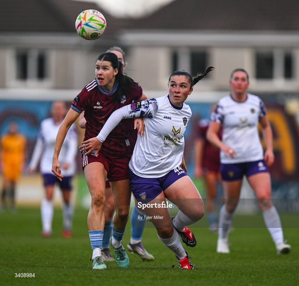 28 March 2026; Aoibheann Costello of Galway United in action against Roisin Joyce of Wexford during the SSE Airtricity Women's Premier Division match between Galway United and Wexford at Eamonn Deacy Park in Galway. Photo by Tyler Miller/Sportsfile