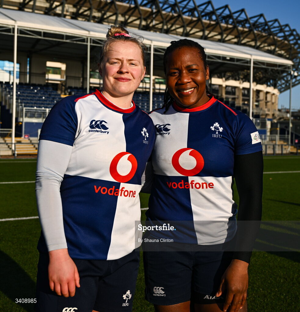 28 March 2026; Wolfhounds players Dannah O'Brien, left, and Linda Djougang celebrate after their side's victory in the Celtic Challenge final match between Wolfhounds and Clovers at The Hive Stadium in Edinburgh, Scotland. Photo by Shauna Clinton/Sportsfile