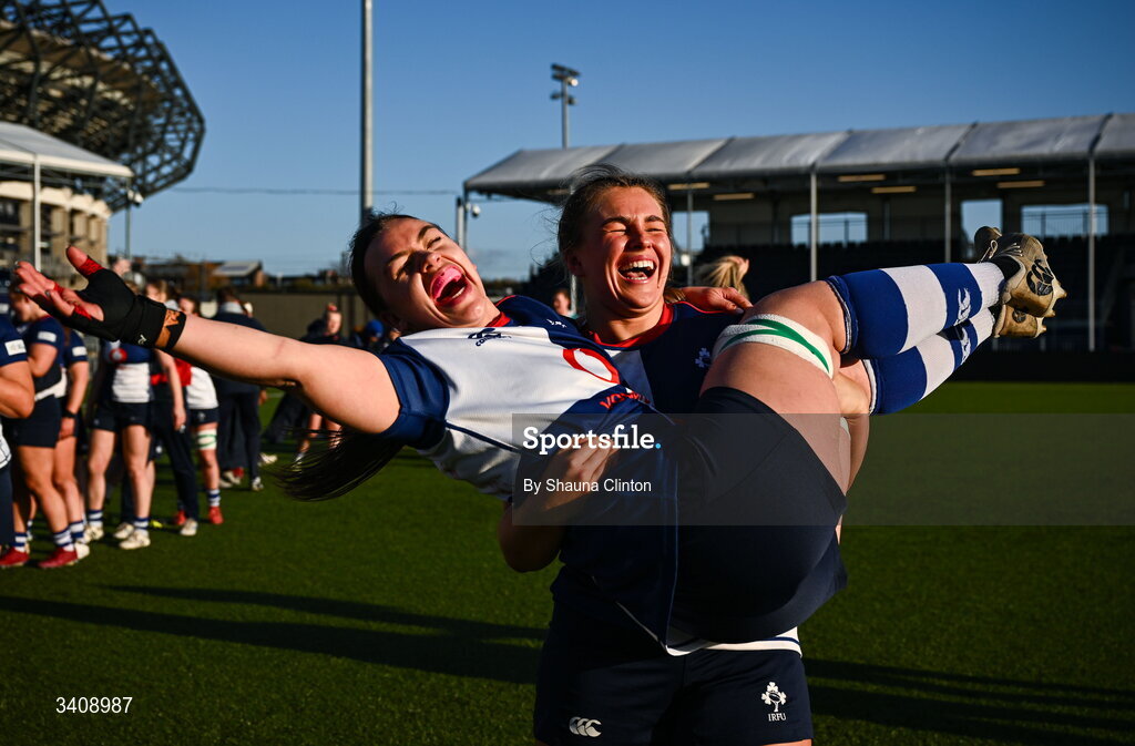 28 March 2026; Wolfhounds players Maeve Óg O'Leary, left, and India Daley celebrate after their side's victory in the Celtic Challenge final match between Wolfhounds and Clovers at The Hive Stadium in Edinburgh, Scotland. Photo by Shauna Clinton/Sportsfile
