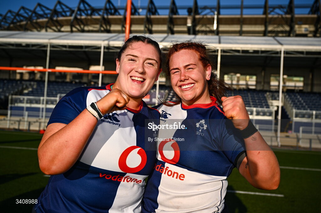 28 March 2026; Wolfhounds players Hannah Wilson, left, and Caoimhe Molloy after their side's victory in the Celtic Challenge final match between Wolfhounds and Clovers at The Hive Stadium in Edinburgh, Scotland. Photo by Shauna Clinton/Sportsfile