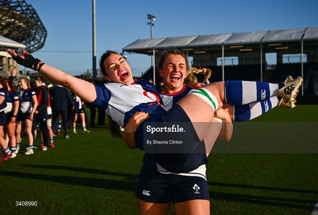 28 March 2026; Wolfhounds players Maeve Óg O'Leary, left, and India Daley celebrate after their side's victory in the Celtic Challenge final match between Wolfhounds and Clovers at The Hive Stadium in Edinburgh, Scotland. Photo by Shauna Clinton/Sportsfile