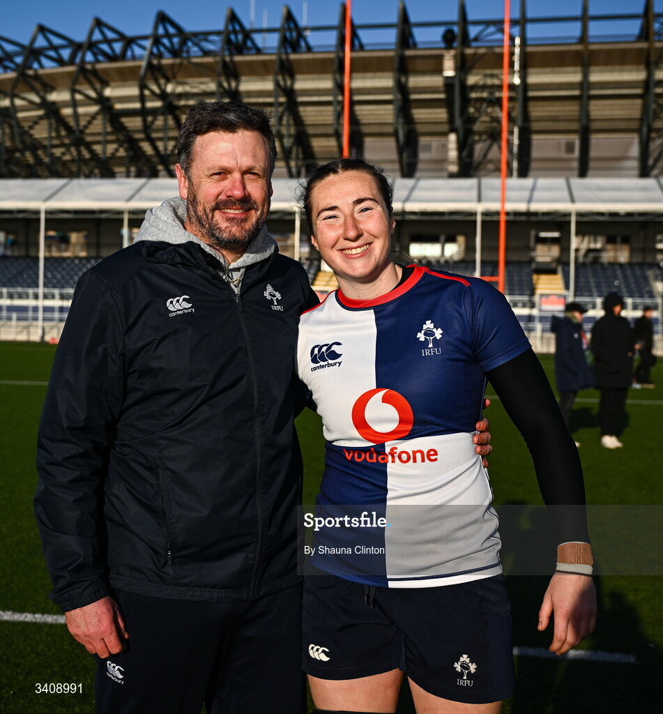 28 March 2026; Wolfhounds assistant coach Ben Martin and Eve Higgins of Wolfhounds after the Celtic Challenge final match between Wolfhounds and Clovers at The Hive Stadium in Edinburgh, Scotland. Photo by Shauna Clinton/Sportsfile