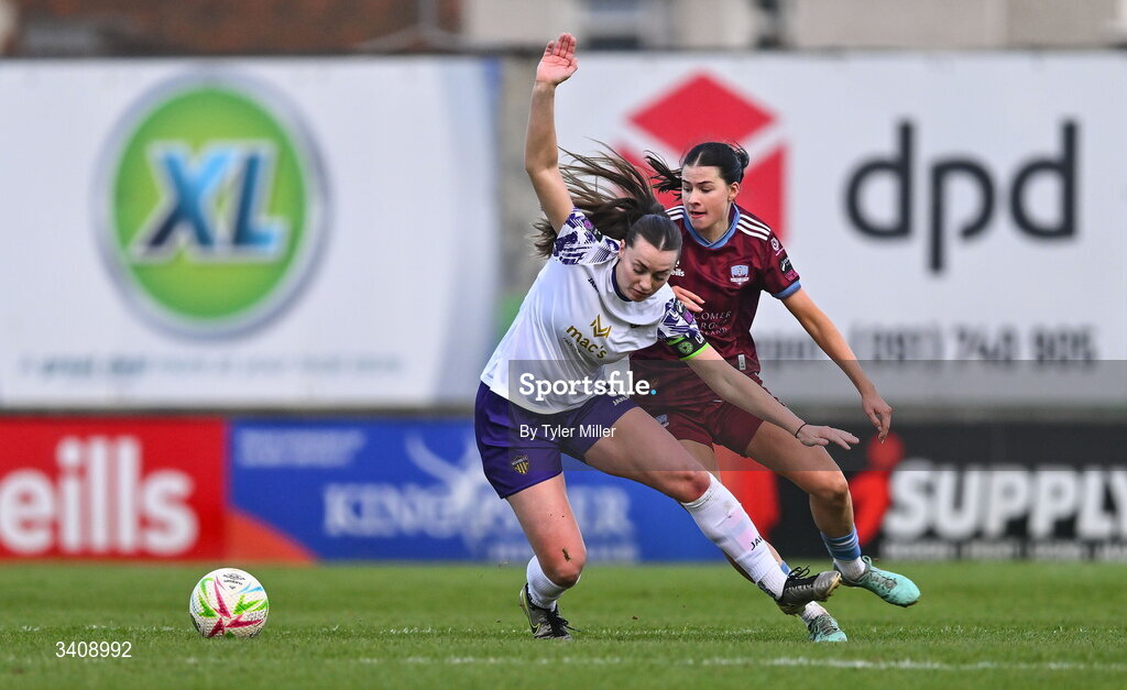 28 March 2026; Lauren Dwyer of Wexford in action against Aoibheann Costello of Galway United during the SSE Airtricity Women's Premier Division match between Galway United and Wexford at Eamonn Deacy Park in Galway. Photo by Tyler Miller/Sportsfile