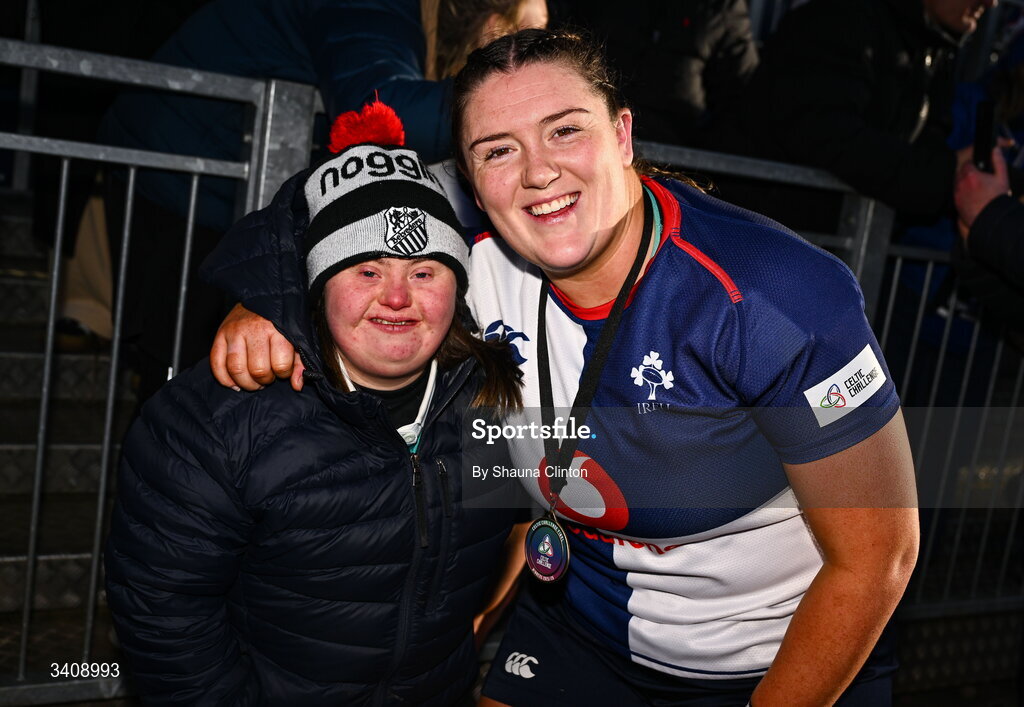28 March 2026; Hannah Wilson of Wolfhounds with friends and family after the Celtic Challenge final match between Wolfhounds and Clovers at The Hive Stadium in Edinburgh, Scotland. Photo by Shauna Clinton/Sportsfile