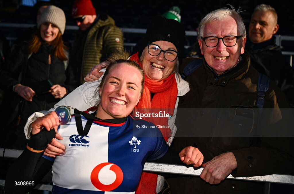 28 March 2026; Fiona Tuite of Wolfhounds with friends and family after the Celtic Challenge final match between Wolfhounds and Clovers at The Hive Stadium in Edinburgh, Scotland. Photo by Shauna Clinton/Sportsfile