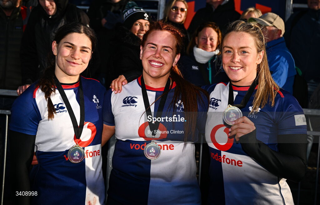 28 March 2026; Wolfhounds players, from left, Vicky Elmes Kinlan, Caoimhe Molloy and Stacey Flood after the Celtic Challenge final match between Wolfhounds and Clovers at The Hive Stadium in Edinburgh, Scotland. Photo by Shauna Clinton/Sportsfile