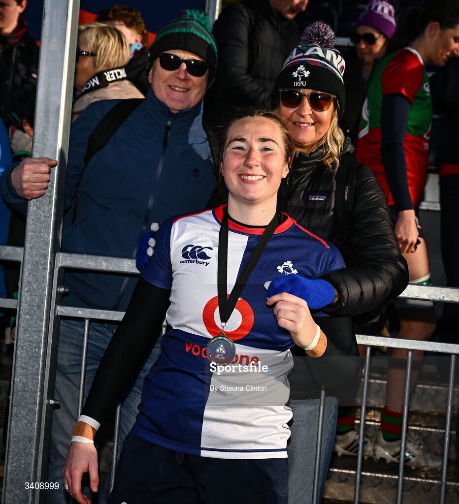 28 March 2026; Eve Higgins of Wolfhounds with friends and family after the Celtic Challenge final match between Wolfhounds and Clovers at The Hive Stadium in Edinburgh, Scotland. Photo by Shauna Clinton/Sportsfile