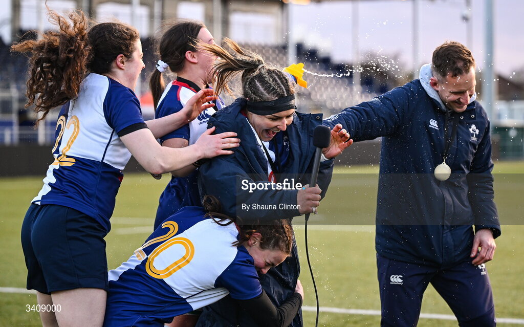28 March 2026; Erin King of Wolfhounds, centre, and team-mates after the Celtic Challenge final match between Wolfhounds and Clovers at The Hive Stadium in Edinburgh, Scotland. Photo by Shauna Clinton/Sportsfile