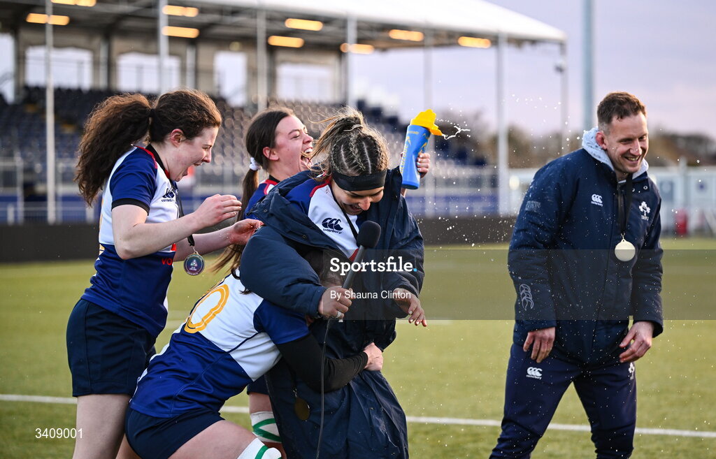 28 March 2026; Erin King of Wolfhounds, centre, and team-mates after the Celtic Challenge final match between Wolfhounds and Clovers at The Hive Stadium in Edinburgh, Scotland. Photo by Shauna Clinton/Sportsfile