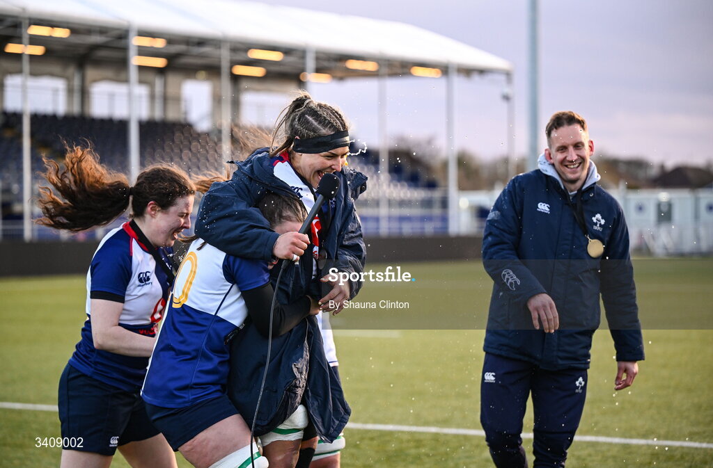 28 March 2026; Erin King of Wolfhounds, centre, and team-mates after the Celtic Challenge final match between Wolfhounds and Clovers at The Hive Stadium in Edinburgh, Scotland. Photo by Shauna Clinton/Sportsfile