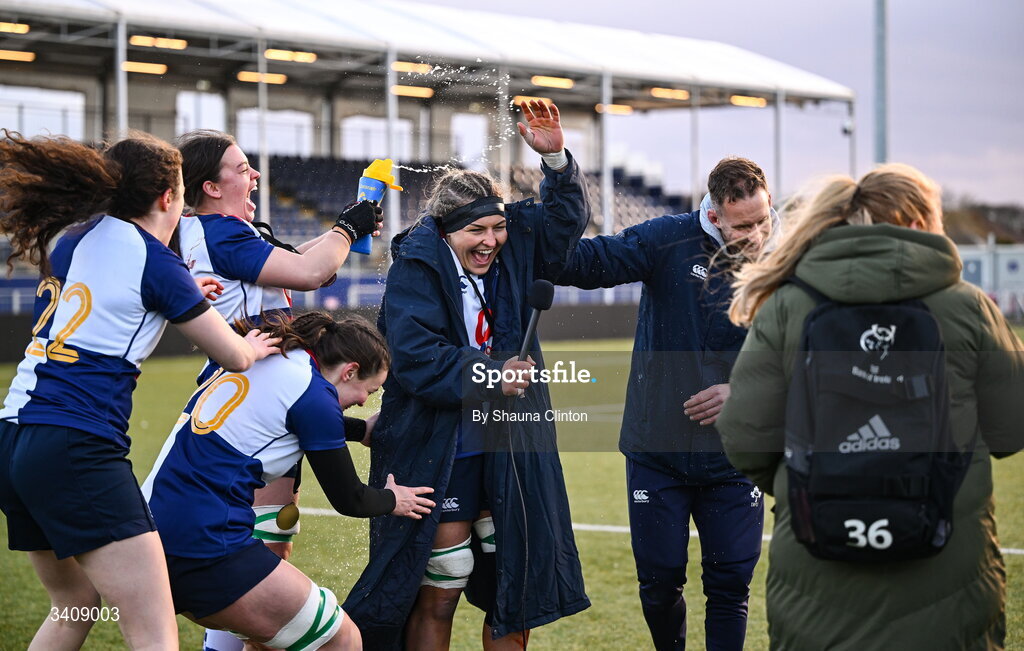28 March 2026; Erin King of Wolfhounds, centre, and team-mates after the Celtic Challenge final match between Wolfhounds and Clovers at The Hive Stadium in Edinburgh, Scotland. Photo by Shauna Clinton/Sportsfile