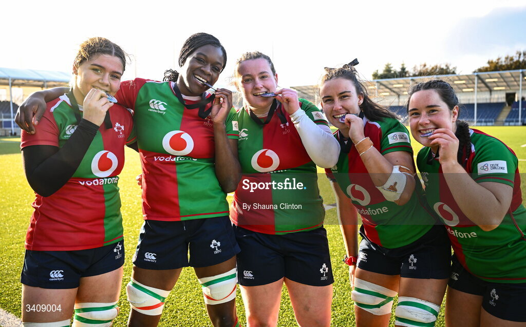 28 March 2026; Clovers players after the Celtic Challenge final match between Wolfhounds and Clovers at The Hive Stadium in Edinburgh, Scotland. Photo by Shauna Clinton/Sportsfile