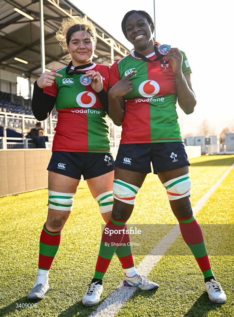 28 March 2026; Clovers players Jemima Adams Verling, left, and Faith Oviawe after the Celtic Challenge final match between Wolfhounds and Clovers at The Hive Stadium in Edinburgh, Scotland. Photo by Shauna Clinton/Sportsfile