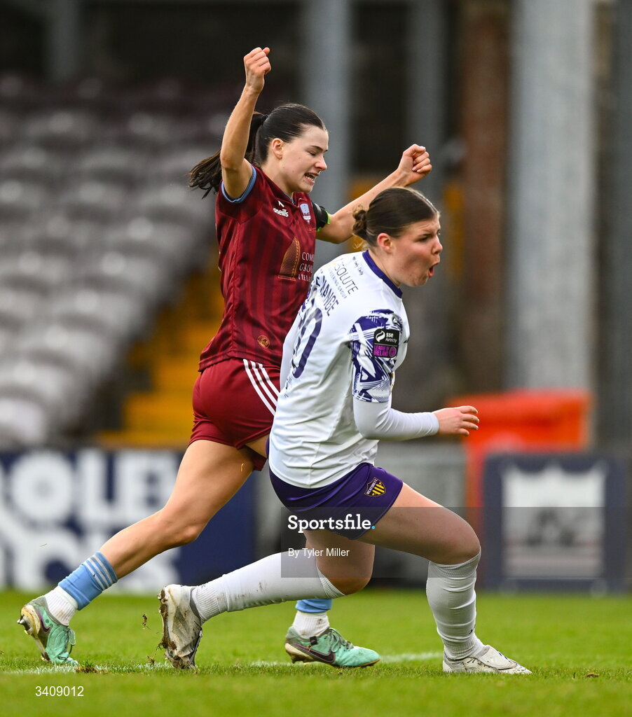 28 March 2026; Aoibheann Costello of Galway United, left, celebrates after scoring her side's first goal during the SSE Airtricity Women's Premier Division match between Galway United and Wexford at Eamonn Deacy Park in Galway. Photo by Tyler Miller/Sportsfile