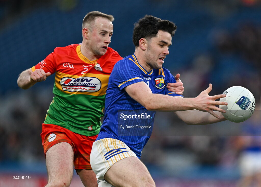 28 March 2026; Matthew Carey of Longford in action against Colin Byrne of Carlow during the Allianz Football League Division 4 final match between Carlow and Longford at Croke Park in Dublin. Photo by David Fitzgerald/Sportsfile