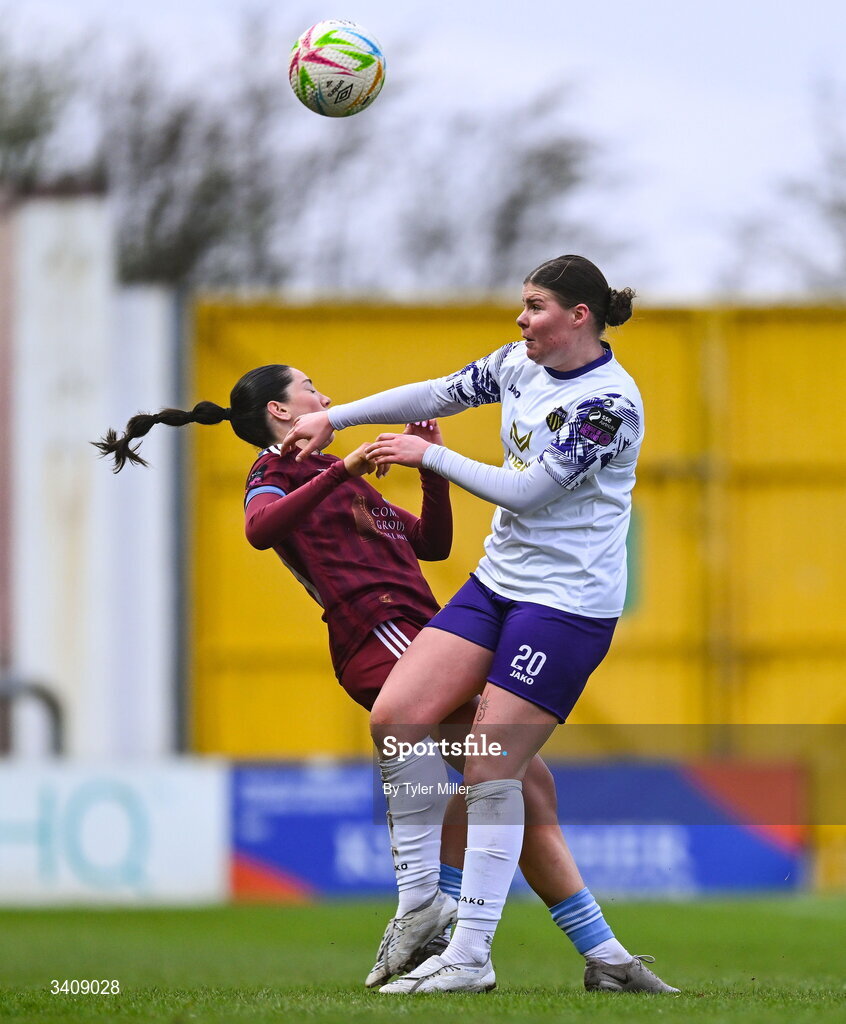 28 March 2026; Aoibhin Donnelly of Galway United is fouled by Freya De Mange of Wexford which resulted in a second yellow card being shown to Freya De Mange of Wexford during the SSE Airtricity Women's Premier Division match between Galway United and Wexford at Eamonn Deacy Park in Galway. Photo by Tyler Miller/Sportsfile